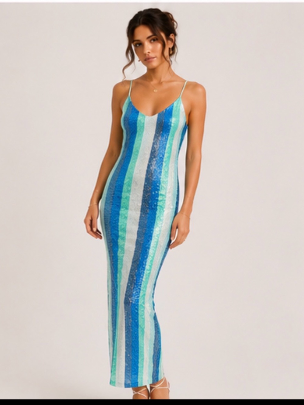 Zara Blue & Teal Striped Sequin Maxi Dress